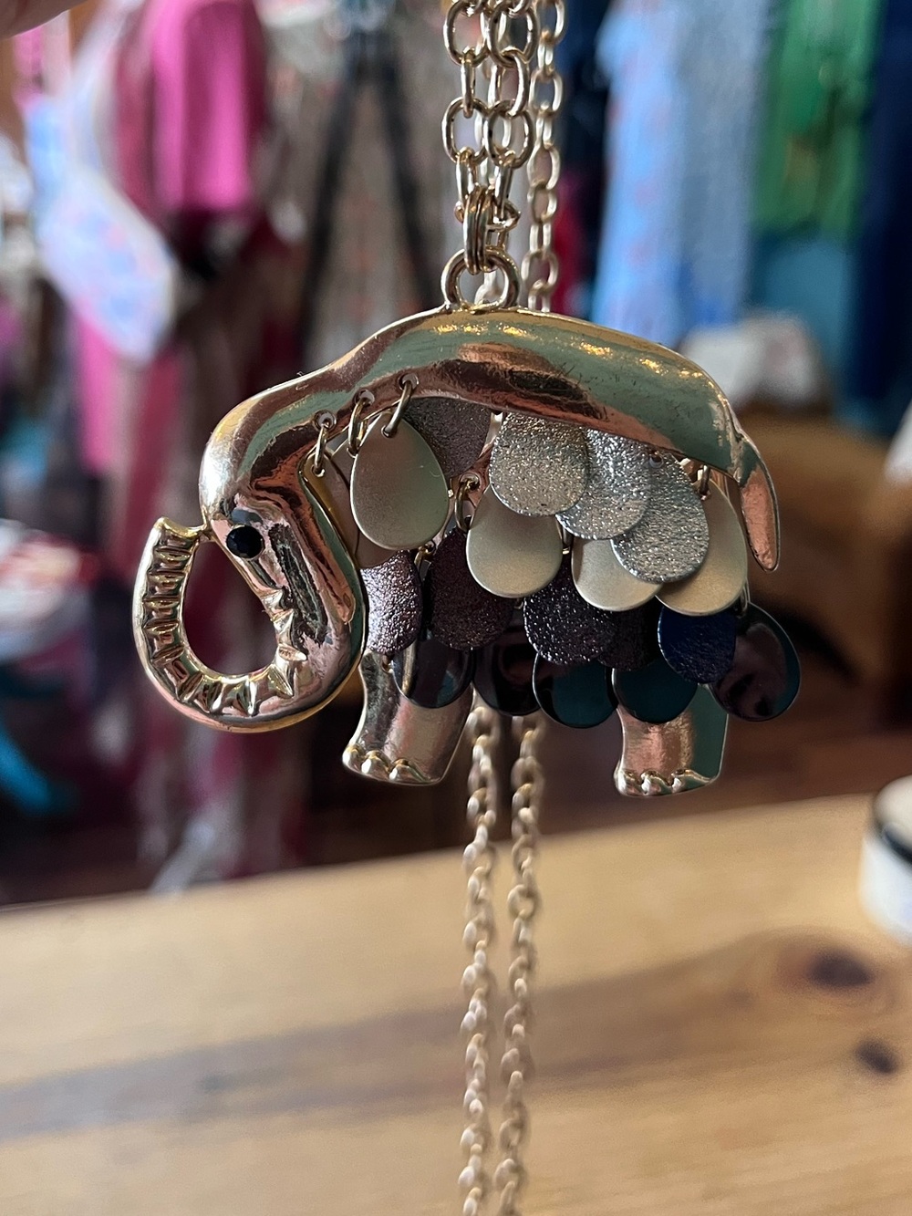 Gold Tone Elephant Pendant Necklace with Multicolor Layered Accents 18”